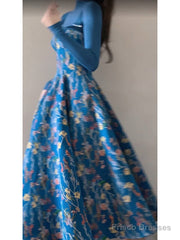 Vintage A Line Spaghetti Straps Royal Blue Floral Long Birthday Dresses Prom Dress Birthday Outfits