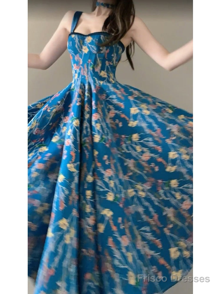 Vintage A Line Spaghetti Straps Royal Blue Floral Long Birthday Dresses Prom Dress Birthday Outfits Main image