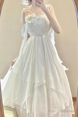 Vintage A Line Spaghetti Straps White Floral Long Birthday Dresses Prom Dress Chiffon Birthday Outfits