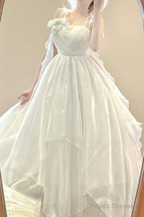 Vintage A Line Spaghetti Straps White Floral Long Birthday Dresses Prom Dress Chiffon Birthday Outfits