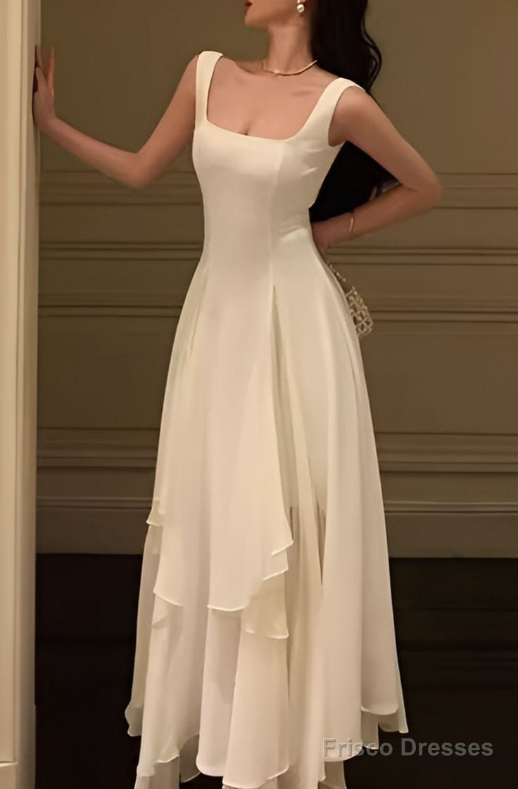 Vintage A Line Square Neckline White Ruffles Chiffon Long Prom Dress Formal Dresses Secondary image