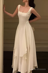 Vintage A Line Square Neckline White Ruffles Chiffon Long Prom Dress Formal Dresses