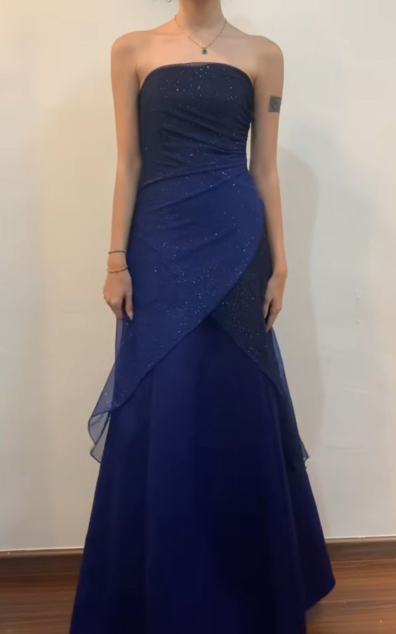 Vintage A Line Strapless Navy Blue Long Prom Dress Secondary image