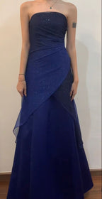 Vintage A Line Strapless Navy Blue Long Prom Dress