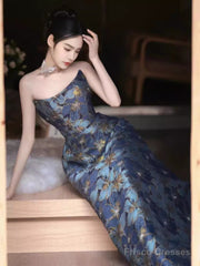 Vintage A Line Strapless Party Dresses Long Blue Prom Dresses
