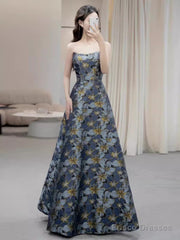 Vintage A Line Strapless Party Dresses Long Blue Prom Dresses