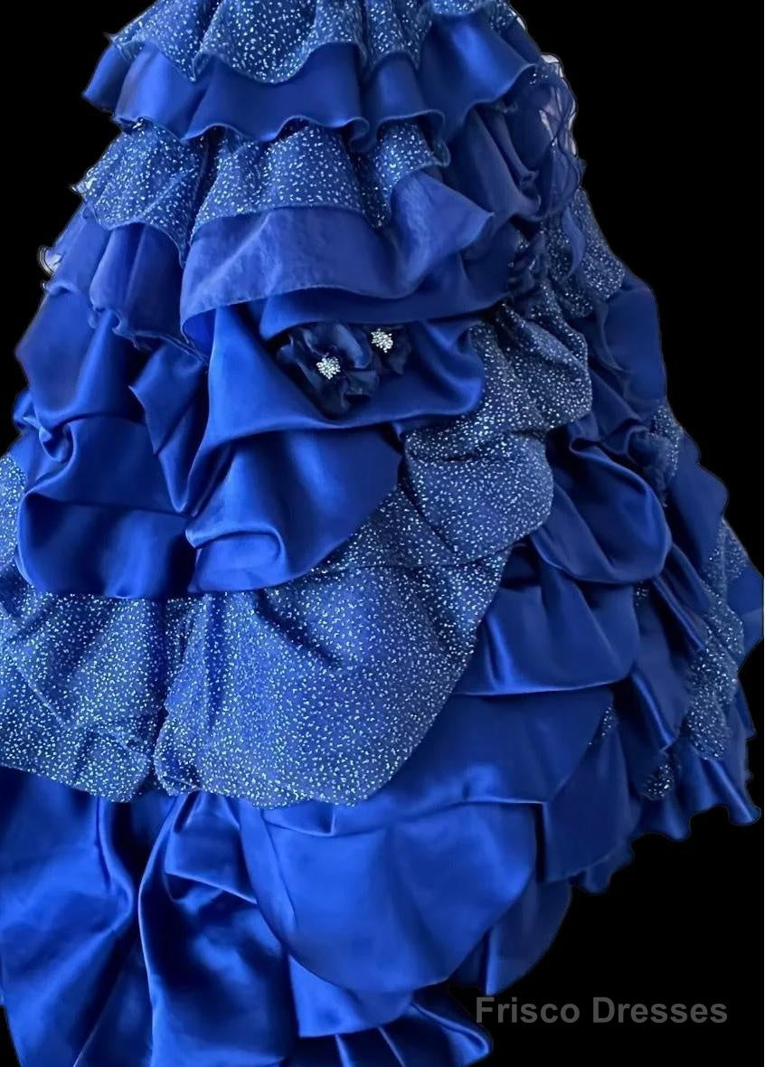 Vintage A-Line Strapless Satin Tulle Long Ball Dress Klein Blue 3D Applique Evening Dress