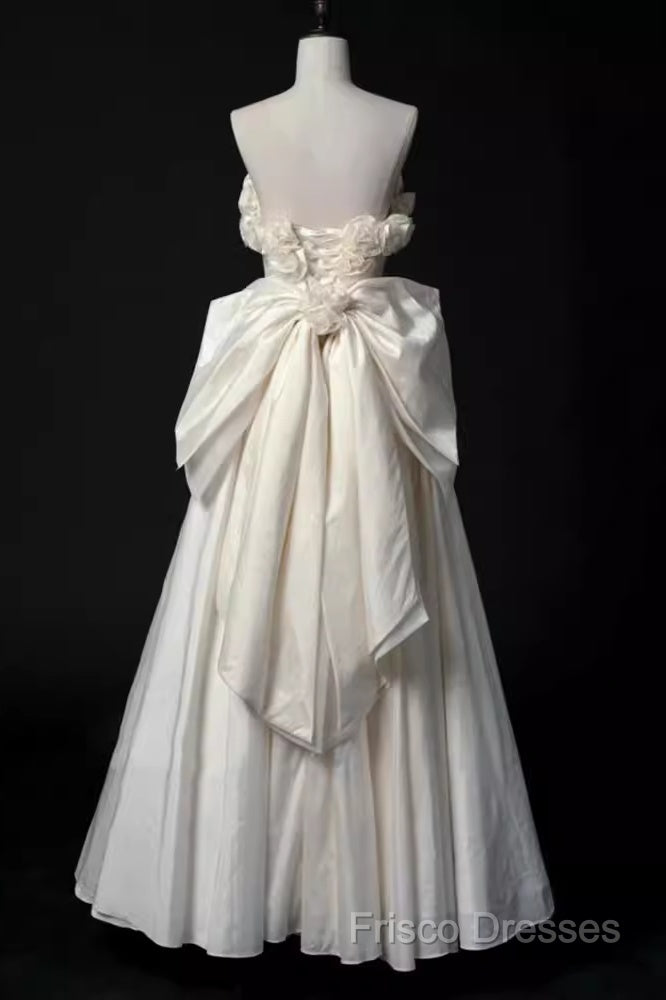 Vintage A Line Strapless Satin White Long Wedding Dress Brides Dress