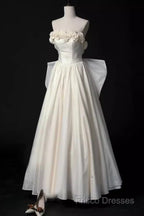 Vintage A Line Strapless Satin White Long Wedding Dress Brides Dress