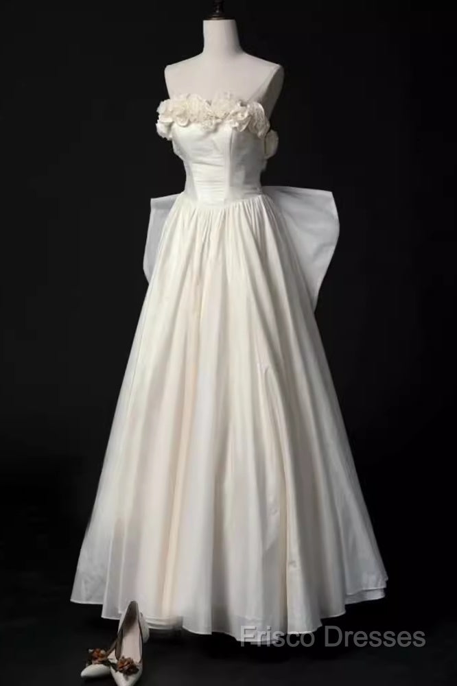 Vintage A Line Strapless Satin White Long Wedding Dress Brides Dress