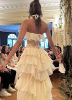Vintage A Line Strapless White Chiffon Long Prom Dresses