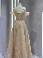 Vintage A Line Straps Champagne Tulle Long Prom Dresses Party Evening Dress