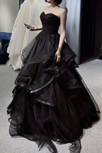 Vintage A Line Strapless Sleeveless Long Black Prom Dress