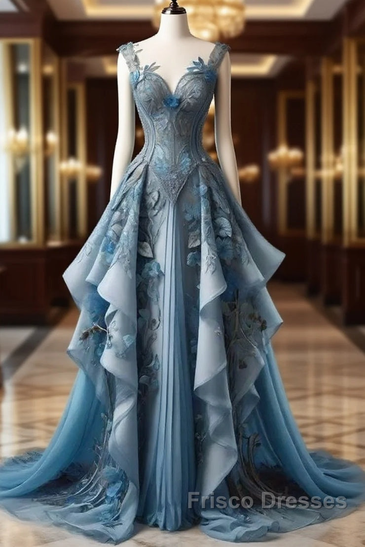Vintage A Line Sweetheart Neck Chiffon Applique Long Formal Prom Dress, Evening Dress