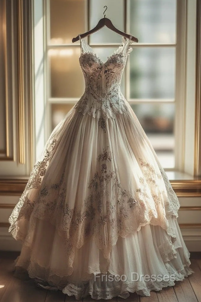 Vintage A-Line Sweetheart Neck Tulle Lace Long Formal Prom Dress Applique Sweet Flower Formal Dress Main image