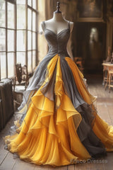 Vintage A-Line Tulle V-Neck Long Ball Gown, Spaghetti Straps Formal Evening Gown