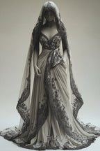 Vintage A-Line V-Neck Lace Appliqu Long Formal Prom Dress With Veil Wedding Dress