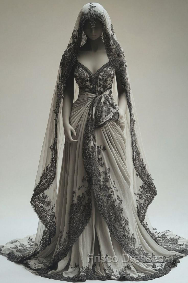 Vintage A-Line V-Neck Lace Appliqu Long Formal Prom Dress With Veil Wedding Dress