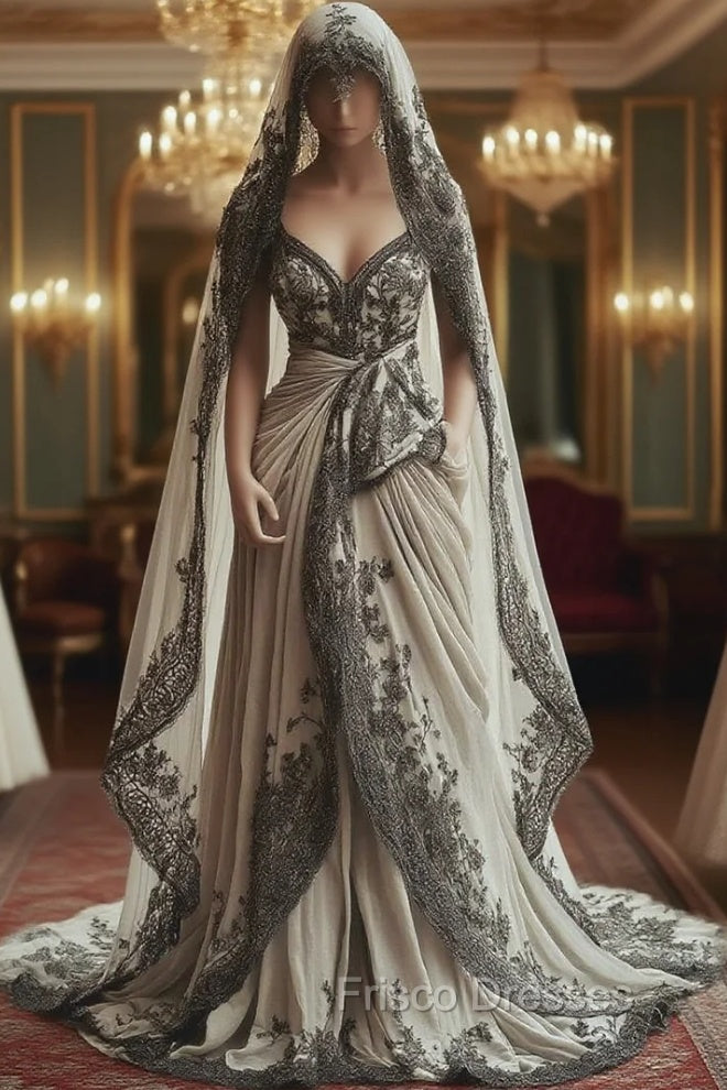 Vintage A-Line V-Neck Lace Appliqu Long Formal Prom Dress With Veil Wedding Dress Main image