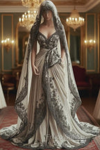 Vintage A-Line V-Neck Lace Appliqu Long Formal Prom Dress With Veil Wedding Dress