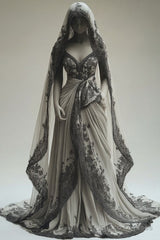 Vintage A-Line V-Neck Lace Appliqu Long Prom Dress With Veil Wedding Dress