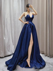 Vintage A-Line V Neck Satin Dark Blue Long Prom Dress, Blue Long Formal Dress