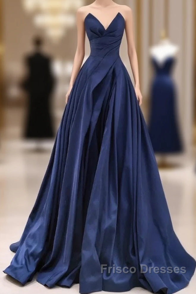 Vintage A-Line V Neck Satin Dark Blue Long Formal Prom Dress, Blue Long Formal Dress Main image