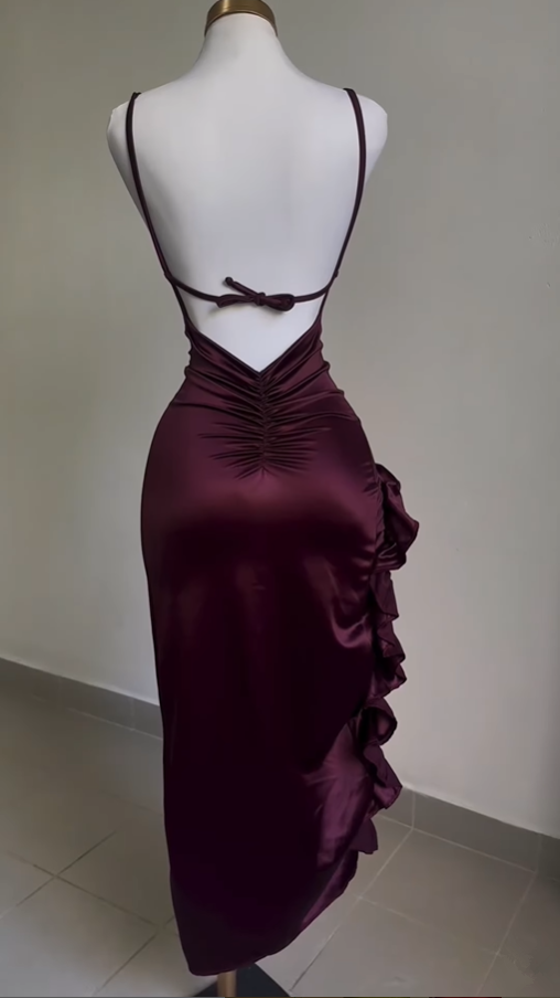 Vintage Backless Ruffle Asymmetrical Midi Length Party Dress