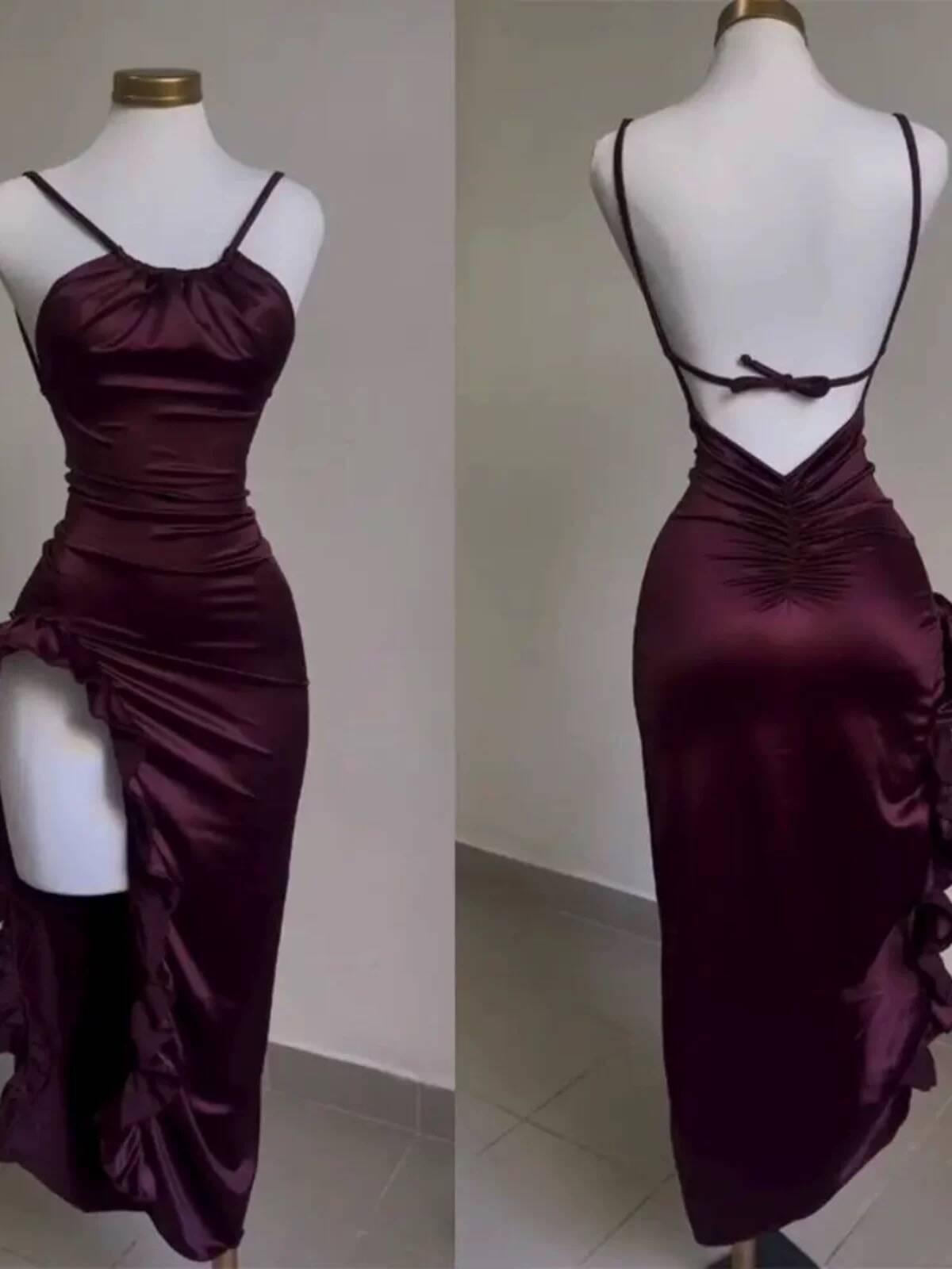 Vintage Backless Ruffle Asymmetrical Midi Length Party Dress