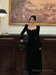 Vintage Balck Long Sleeve Dress Woman Elegant Fashion Velvet Prom Dresses