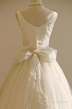 Vintage Ball Gown Bateau White Tea Length Wedding Dress Brides Dress