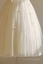 Vintage Ball Gown Bateau White Tea Length Wedding Dress Brides Dress