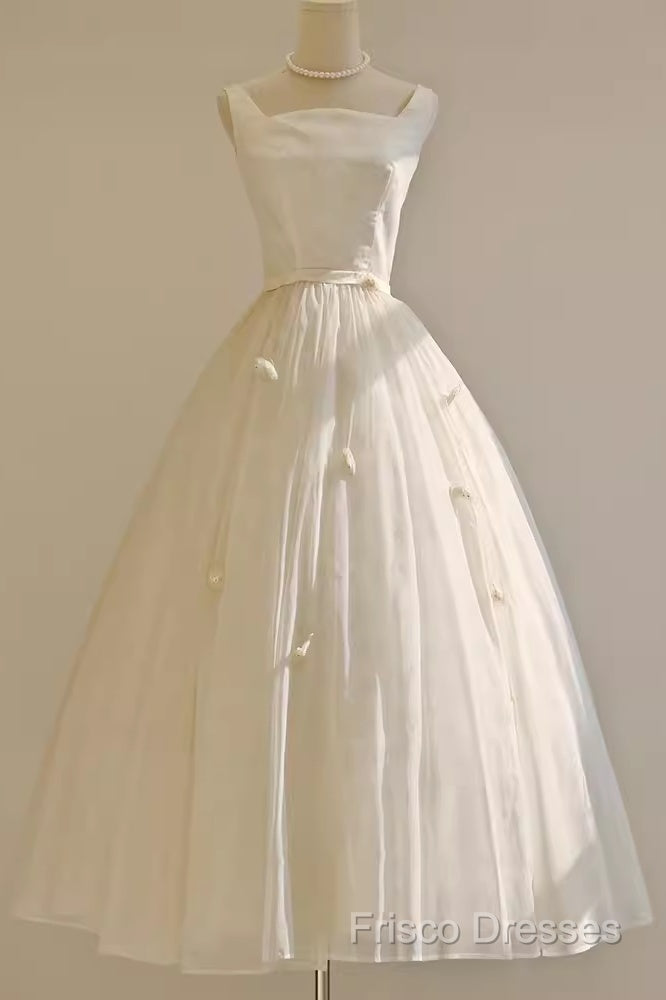 Vintage Ball Gown Bateau White Tea Length Wedding Dress Brides Dress