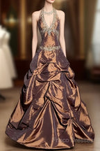 Vintage Ball Gown Halter Brown Sleeveless Long Formal Prom Gown Fairy Formal Prom Dress