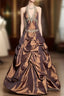 Vintage Ball Gown Halter Brown Sleeveless Long Formal Prom Gown Fairy Formal Prom Dress