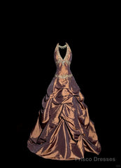 Vintage Ball Gown Halter Brown Sleeveless Long Prom Gown Fairy Prom Dresses