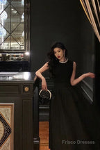 Vintage Ball Gown Jewel Sleeveless Black Satin Prom Dresses Birthday Outfits