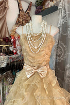 Vintage Ball Gown Spaghetti Straps Sleeveless Long Gold Formal Dress Formal Prom Dress
