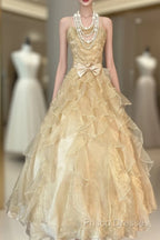 Vintage Ball Gown Spaghetti Straps Sleeveless Long Gold Formal Dress Formal Prom Dress