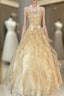 Vintage Ball Gown Spaghetti Straps Sleeveless Long Gold Formal Dress Formal Prom Dress