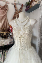 Vintage Ball Gown Spaghetti Straps Sleeveless Long White Formal Dress Formal Prom Dress