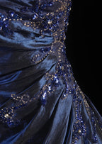 Vintage Ball Gown Strapless Navy Blue Satin Long Prom Dresses Party Dress