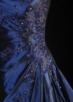Vintage Ball Gown Strapless Navy Blue Satin Long Prom Dresses Party Dress