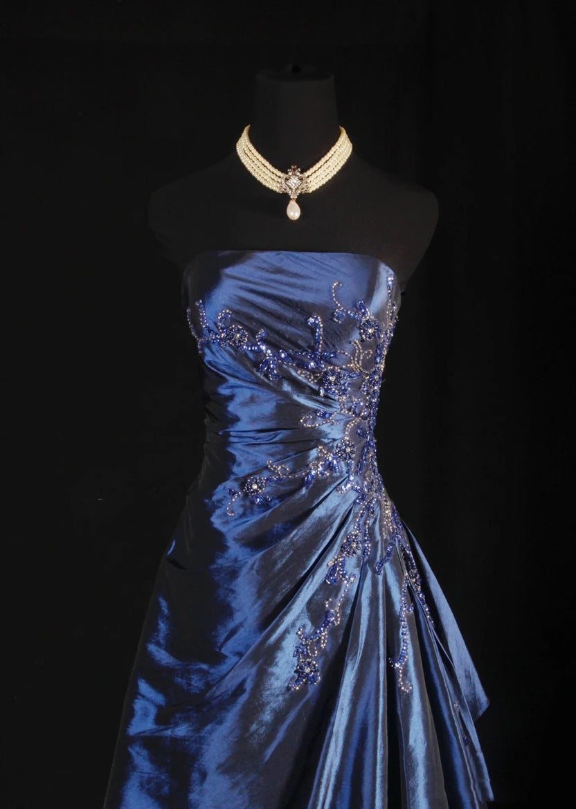 Vintage Ball Gown Strapless Navy Blue Satin Long Prom Dresses Party Dr