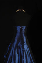 Vintage Ball Gown Strapless Navy Blue Satin Long Prom Dresses Party Dress
