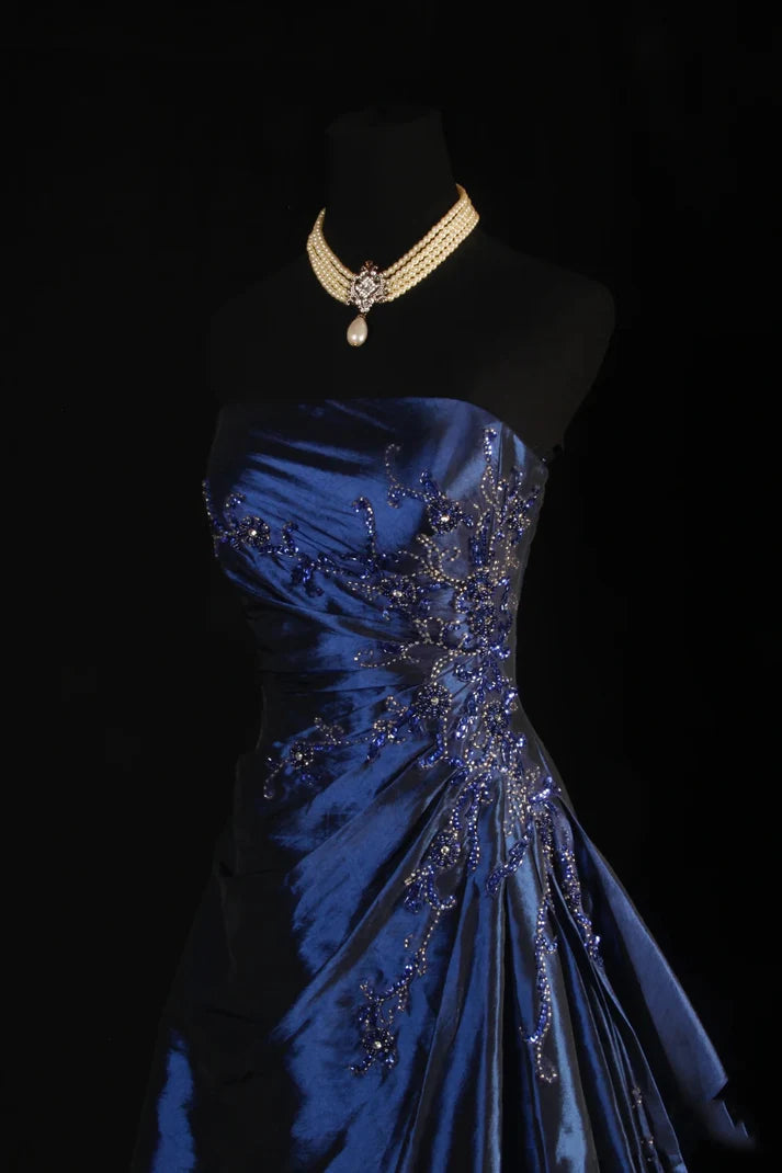 Vintage Ball Gown Strapless Navy Blue Satin Long Prom Dresses Party Dress