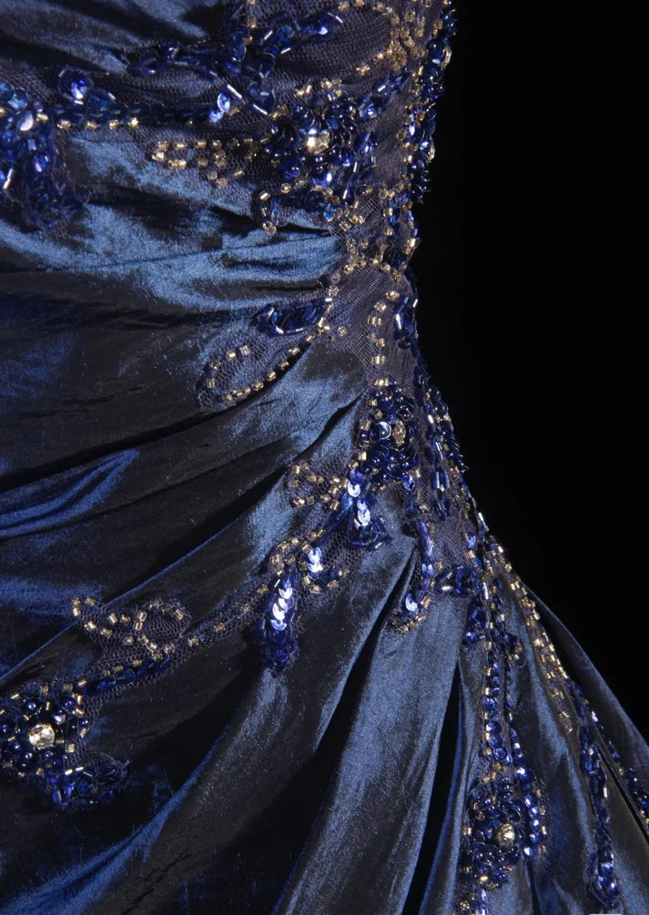 Vintage Ball Gown Strapless Navy Blue Satin Long Prom Dresses Party Dress