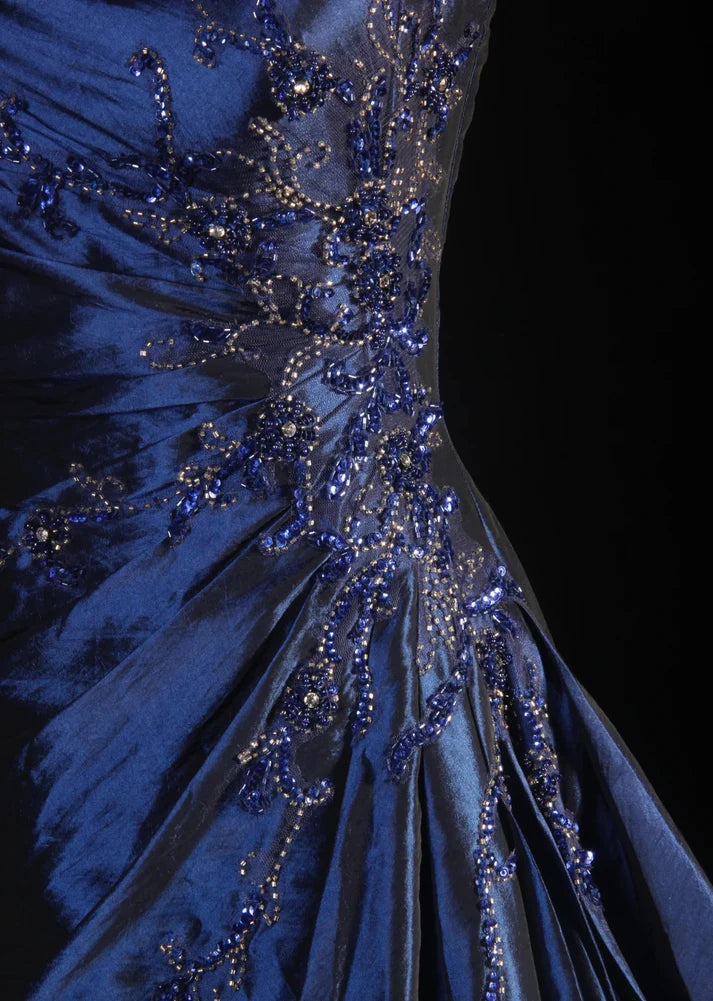 Vintage Ball Gown Strapless Navy Blue Satin Long Prom Dresses Party Dress