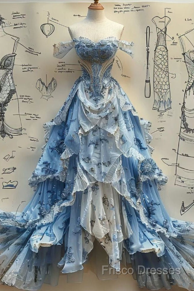 Vintage Ball Gown Strapless Off The Shoulder Blue Lace Formal Prom Dress Party Dress Secondary image