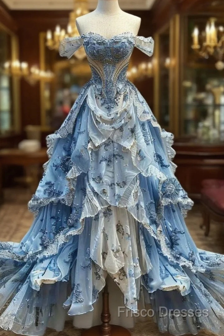 Vintage Ball Gown Strapless Off The Shoulder Blue Lace Formal Prom Dress Party Dress Main image